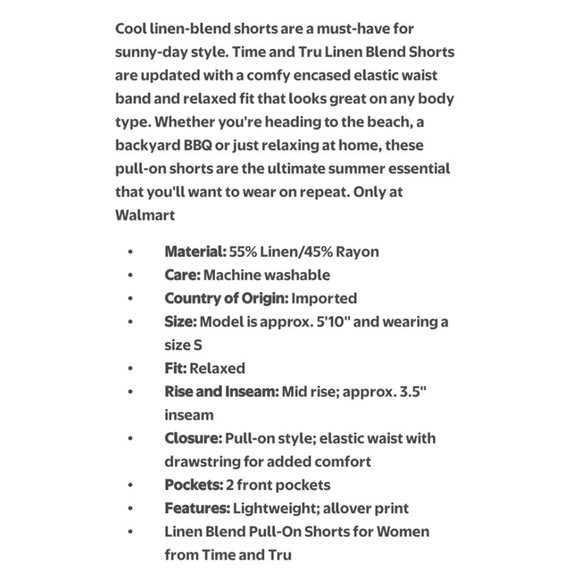 Women's Time and Tru L Cream Navy Floral Linen Blend Pull-On Shorts - Picture 6 of 7